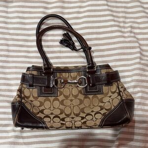 Coach Tan and Brown Signature Shoulder Bag with matching wallet and card case
